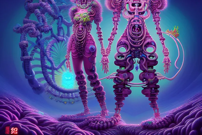 Image similar to a vaporwave asian biomechanical druid of creativity, beautiful character fashion design, by josan gonzalez and paul lehr and david heskin and seb mckinnon and jared s. merantz and alex grey, hi - fructose, 8 k, digital matte painting