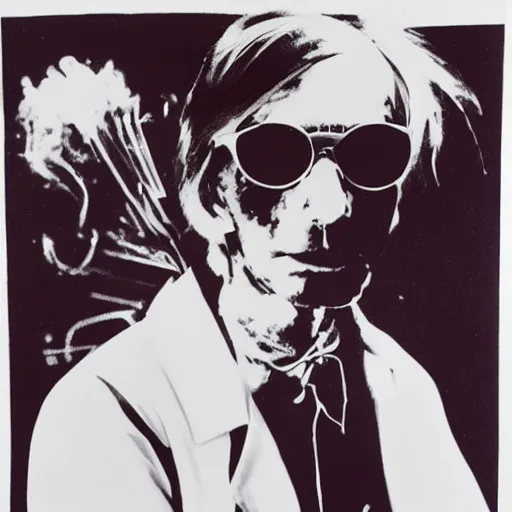 Image similar to a burning chemist in a white coat, andy warhol