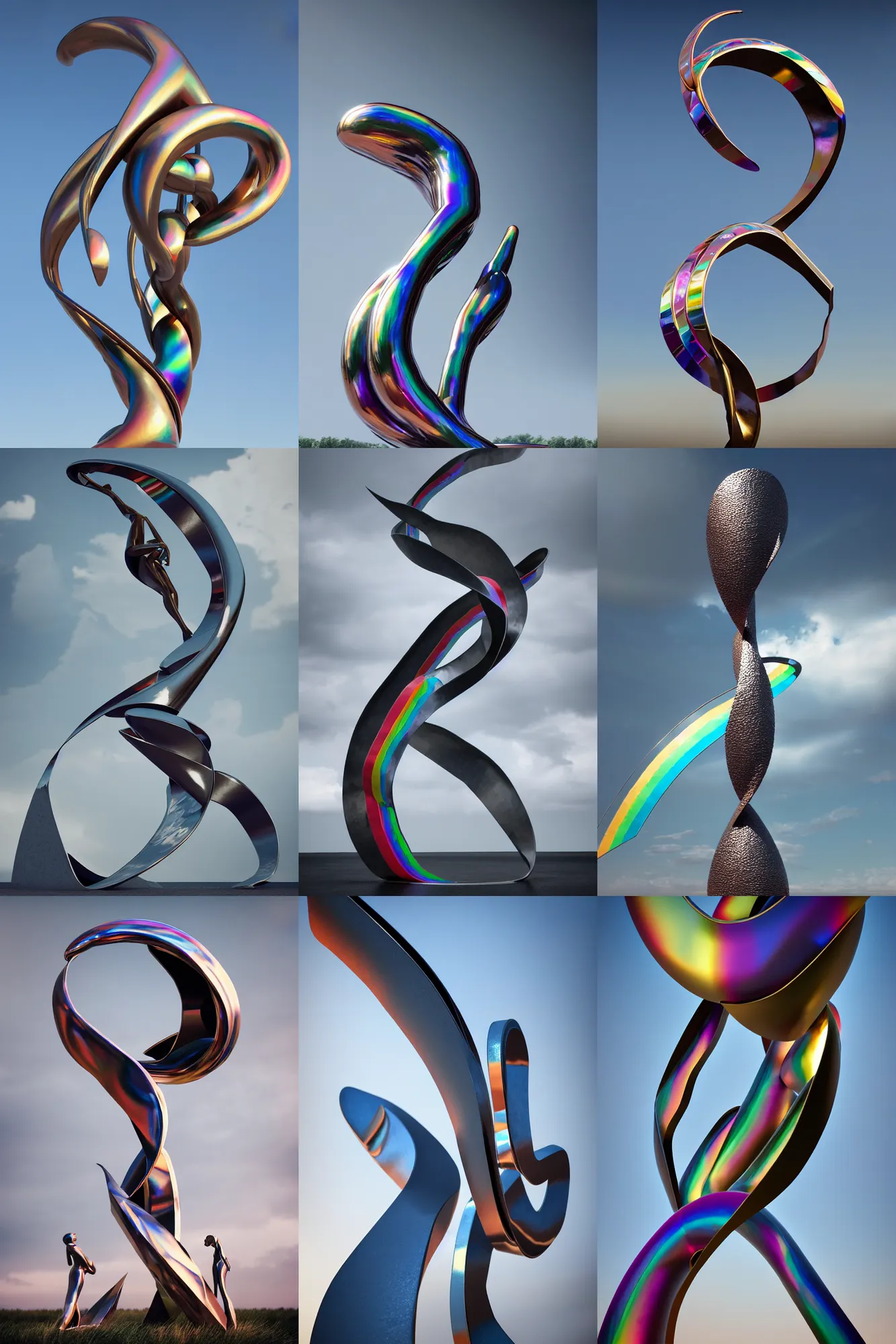 Image similar to metal curved circular sculpture with gestural forms and human parts mixed together into a monumental artwork, lifting up towards heaven, rainbow crystal reflections, style of jack storms, anthony howe, octane render, 4 k