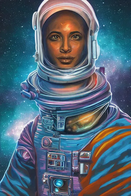 Image similar to portrait of jewel djinn astronaut with nebula background in the style of Rob Lefield and Dan Mumford , trending on artstation, digital art,surrealism ,macro,blueprint ,vaporwave ,