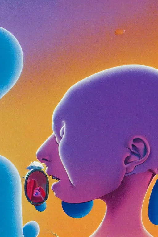 Prompt: a colorful vibrant closeup portrait of tinky winky furiously massaging a simple man licking a tab of LSD acid on his tongue and dreaming psychedelic hallucinations, by kawase hasui, moebius, Edward Hopper and James Gilleard, Zdzislaw Beksinski, Steven Outram colorful flat surreal design, hd, 8k, artstation