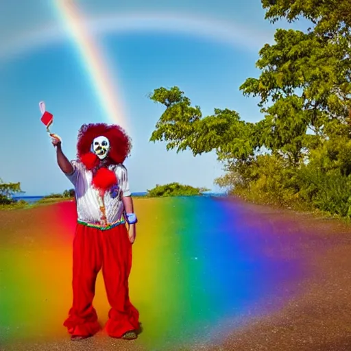 Prompt: clown on island with rainbows