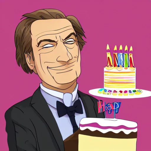 Image similar to saul goodman, smiling, holding a birthday cake, anime art, trending on artstation