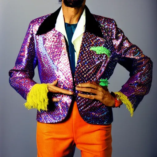 Image similar to funkiest grooviest man in the world, 70s disco jacket, photograph portrait