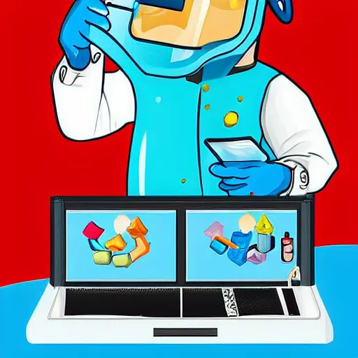 Prompt: A dolphin wearing a chemist outfit playing games on a computer, digital art