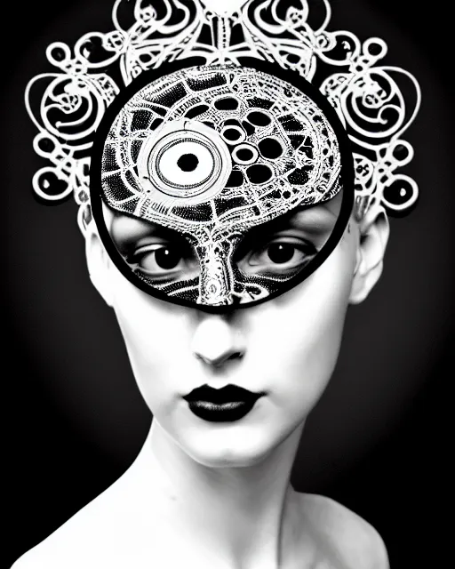 Prompt: black and white masterpiece profile portrait painting with no frame, one steampunk eye silver lace floral biomechanical beautiful young female cyborg, big monocular, volumetric light, hibiscus flowers, by dora maar, rim light, big gothic fashion pearl embroidered collar, 8 k
