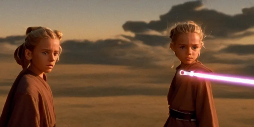 Image similar to !dream A full color still of a young blonde Jedi padawan holding a lightsaber hilt, at dusk!!!, at golden hour!!!, from The Phantom Menace, directed by Steven Spielberg, 1990