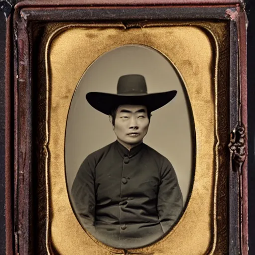 Prompt: Asian man with comically large cowboy hat daguerreotype