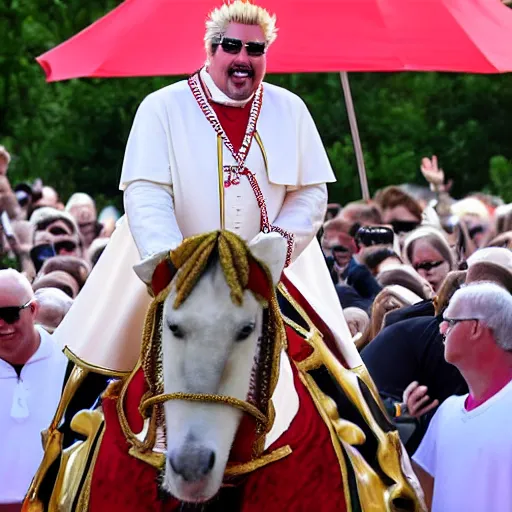 Image similar to guy fieri dressed as the pope, standing on a horse, the horse is staring at him, the crowd is filled with muppets, award winning photo,