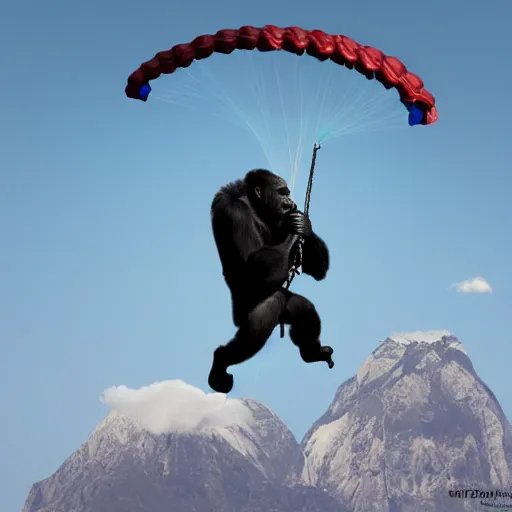 Image similar to high quality photo of a gorilla parachuting, realism, 8k, award winning photo