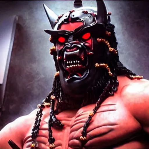 Image similar to very big very buff very strong samurai wearing a scary cyber oni mask, movie still