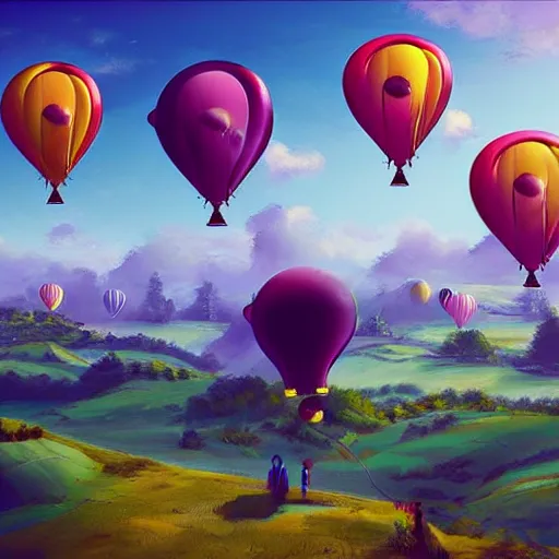 Image similar to digital art of plenty of birthday balloons floating above a beautiful countryside. artstation cgsociety masterpiece