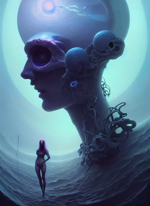 Prompt: shackled in the void, by hr beeple and cgsociety. stunning goddess of sasquatch, charlie bowater and tom bagshaw, insanely detailed, artstation, space art. atoms surrounded by skulls and spirits deep under the sea, horror, sci - fi, surrealist painting, by peter mohrbacher