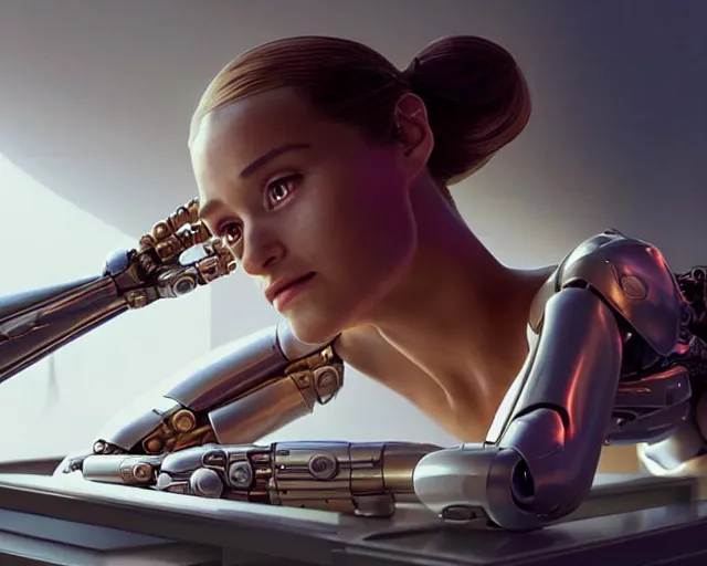 Prompt: weta disney pixar movie still head and torso screenshot photo of alicia vikander lying down on a mechanical table with a white ponytail as thoughtful intricate detailed mechanical plastic cyborg girl by pixar, by weta, wlop, ilya kuvshinov, rossdraws, artgerm, latex, iridescent, bright morning, anime, liosh, mucha