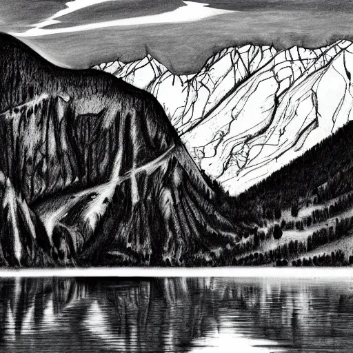 Image similar to a drawing of lago di sorapis, in the style of den yakovlev, black and white, hyper realistic, highly detailed