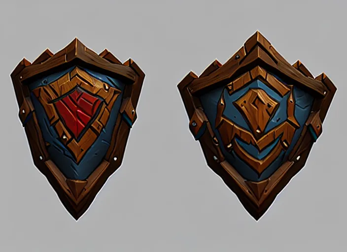 Image similar to crooked wooden shield, stylized stl, 3 d render, activision blizzard style, hearthstone style