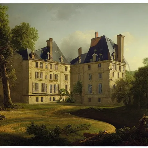 Prompt: a large serene beautiful matte painting of a delapitaded quaint french country castle in a state of disrepair, covered in vines, by asher brown durand and george ault featured on artstation