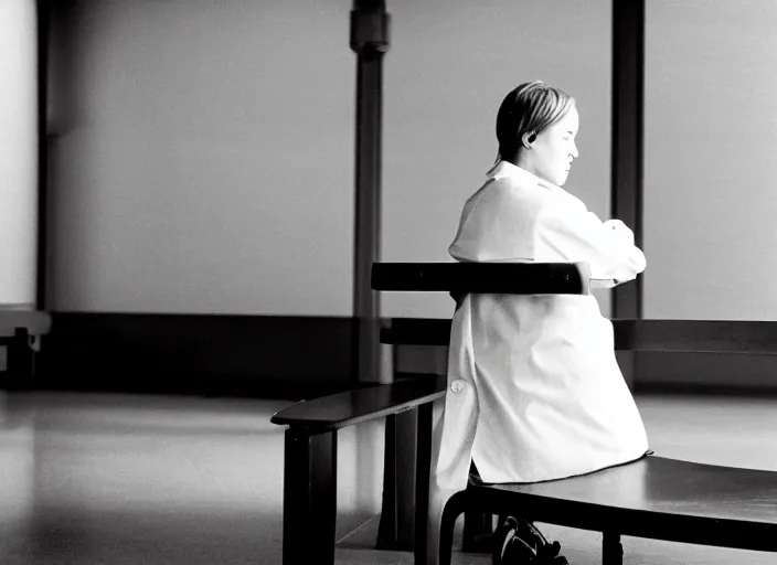 Image similar to a 3 5 mm photo from the back of a woman wearing a white lab coat sitting at a bench in a laboratory, bokeh, canon 5 0 mm, cinematic lighting, dramatic, film, photography, golden hour, depth of field, award - winning, 3 5 mm film grain, retro, film, kodachrome, closeup