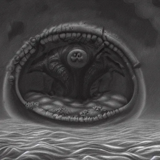 Image similar to a gigantic lovecraftian cyclope emerging from under the ocean, gazing to the darkened sky, old 3 5 mm ilford black and white, photorealistic