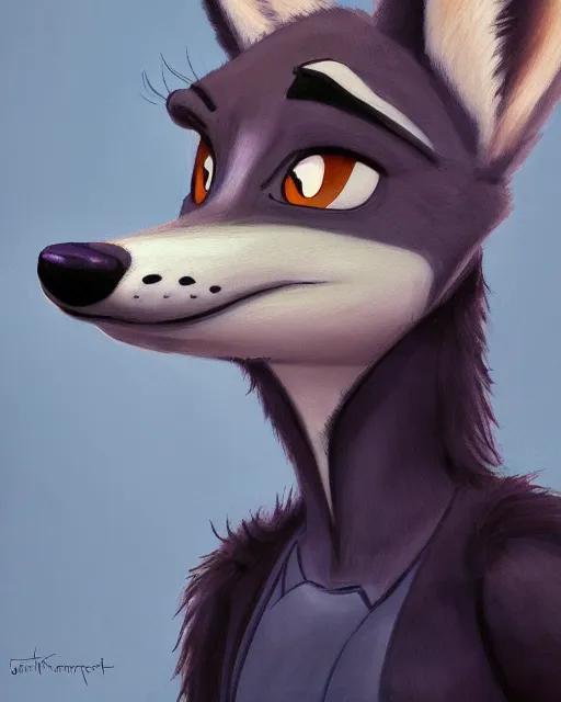 Image similar to oil painting of anthromorphic female wolf, in style of zootopia, zootopia, zootopia, fursona, furry, furaffinity, 4 k, deviantart, furry art, fursona art, wearing black business suit, business suit, in style of zootopia, wolf fursona, cyberpunk, female, expressive detailed feminine face,