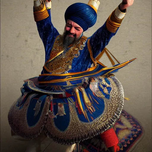 Prompt: cossack dancing on the turban of an ottoman sultan, realism, 4 k, octane render, award winning photograph