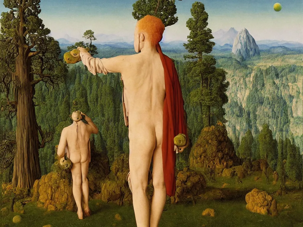 Image similar to albino mystic, with his back turned, with wild exotic Cabezon looking at a giant Sequoia forest in the distance. Painting by Jan van Eyck, Audubon, Rene Magritte, Agnes Pelton, Max Ernst, Walton Ford