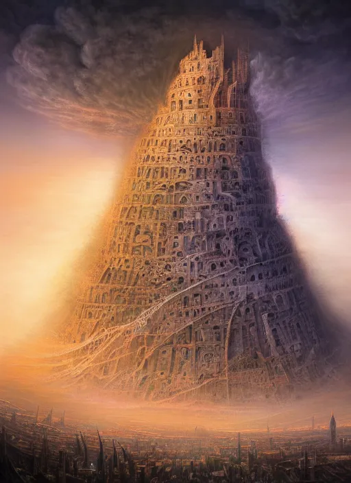 Prompt: the tower of babel with a circular city built around it, glowing cracks, pitchblack sky, extremly detailed digital painting, vibrant colors, in the style of tomasz alen kopera and fenghua zhong and peter mohrbacher, mystical colors, rim light, beautiful lighting, 8 k, stunning scene, raytracing, octane, trending on artstation