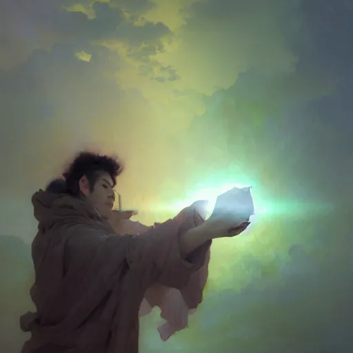 Image similar to A man drinking a cup of cosmic energy bright light, illustration by Ruan Jia and Mandy Jurgens and William-Adolphe Bouguereau, Artgerm, 4k, digital art, surreal, anime style, space dandy style, highly detailed, godsend, artstation, digital painting, concept art, smooth, sharp focus, illustration by Ruan Jia and Mandy Jurgens and William-Adolphe Bouguereau, Artgerm