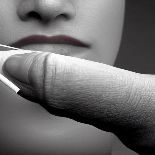 Prompt: Close-up of only realistic hand holding cigarette with smoke, hyper realism, white background, 4K