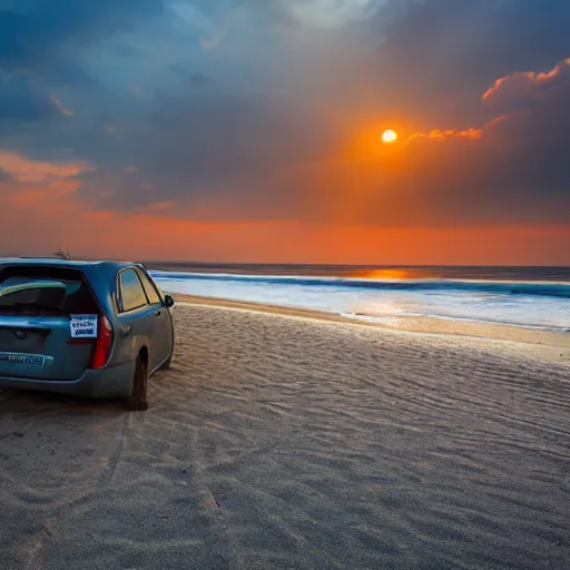 Image similar to a car chilling on the beach, sunset