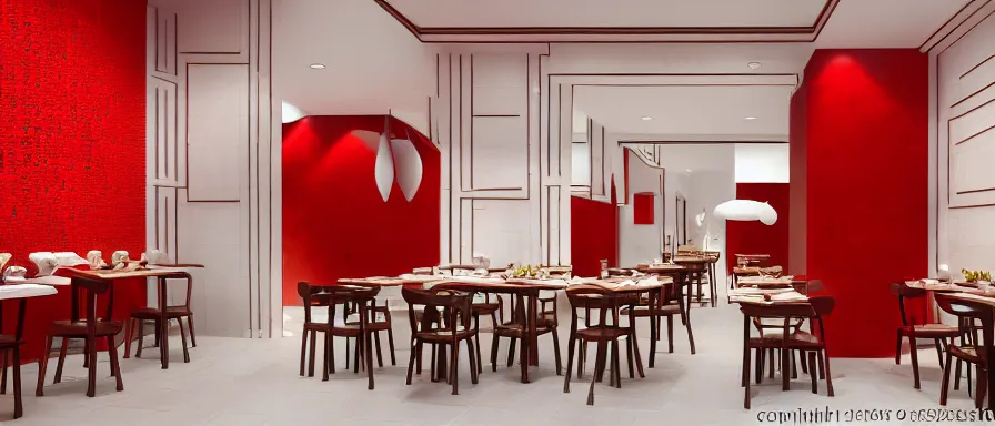 Image similar to a beautiful simple interior render of small roasted string hotpot restaurant restaurant yan'an, wall corner, from china, red paper wall and white tile floor, rectangle white porcelain table, fine simple delicate structure, chinese style, simple composition, simple style structure decoration design, victo ngai, 4 k hd