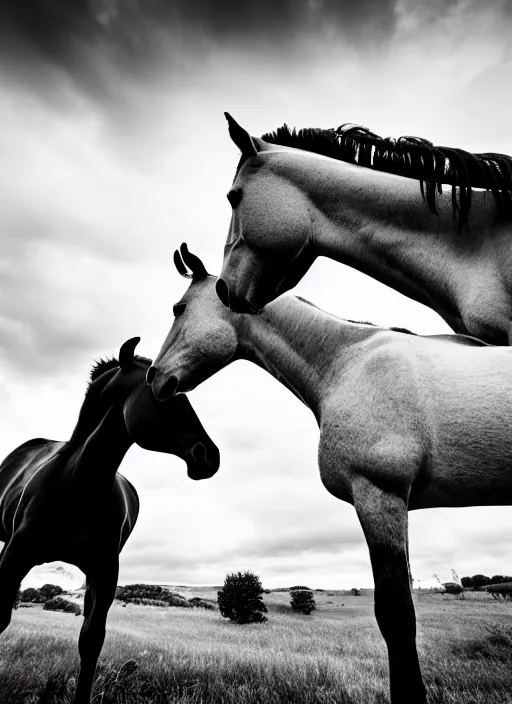 Image similar to two horses black and white portrait white sky in background