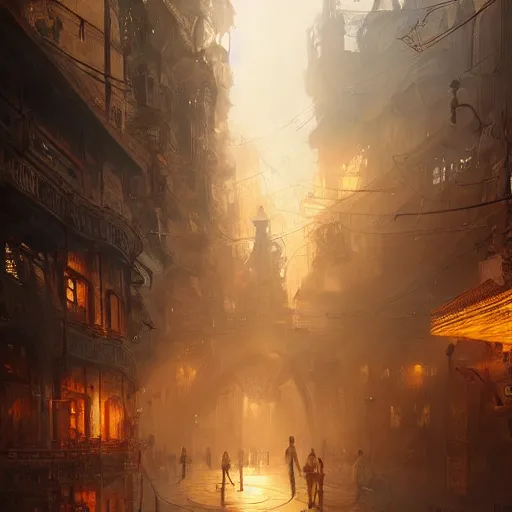 Image similar to steampunk city, sunrise, landscape, intricate, detailed, volumetric lighting, scenery, photorealistic, highly detailed, artstation, sharp focus, illustration, concept art, ruan jia, steve mccurry