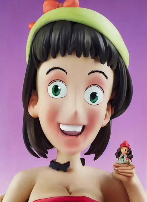 Image similar to a hyperrealistic oil painting of a kawaii anime girl figurine caricature with a big dumb grin featured on wallace and gromit by studio ghibli