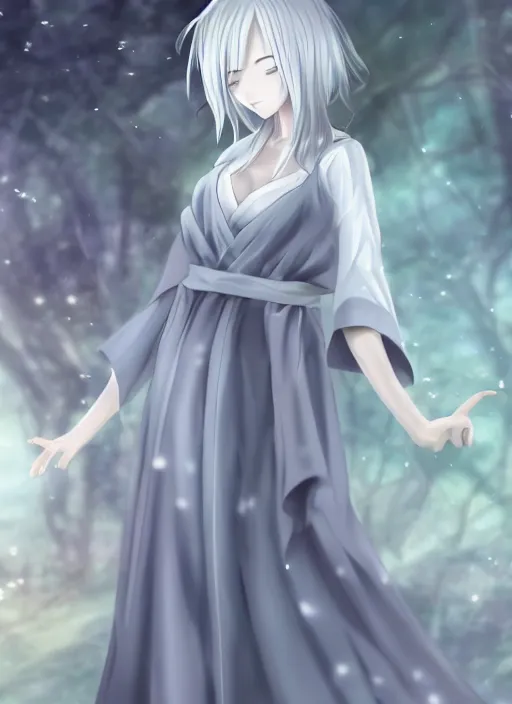 Prompt: thin young anime girl with silver hair, pale and wan!, wearing robes, anime manga goddess, flowing hair, pale skin, young cute face, covered!!, clothed!, 4 k resolution, aesthetic!,
