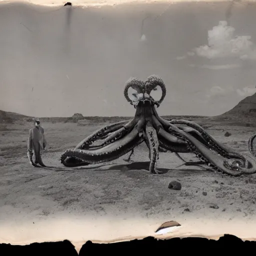 Image similar to tintype, wide view, thundra ufo crash site, team of scientists studying captured alien octopus, photorealistic, highly detailed