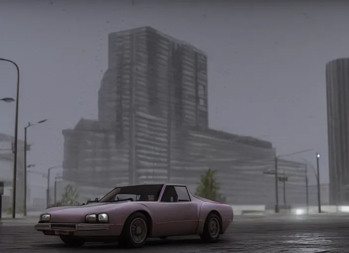 Image similar to hyperrealistic matte painting of screenshot gta in moscow, fine details, rain, people adidas tracksuit, rtx reflections, soviet suburbs, paneled buidlings, fog, night, photorealistic, unreal engine, octane render, volumetric light, action movieб 4 k, 5 0 mm bokeh, russian lada car, by greg rutkowski, artstation