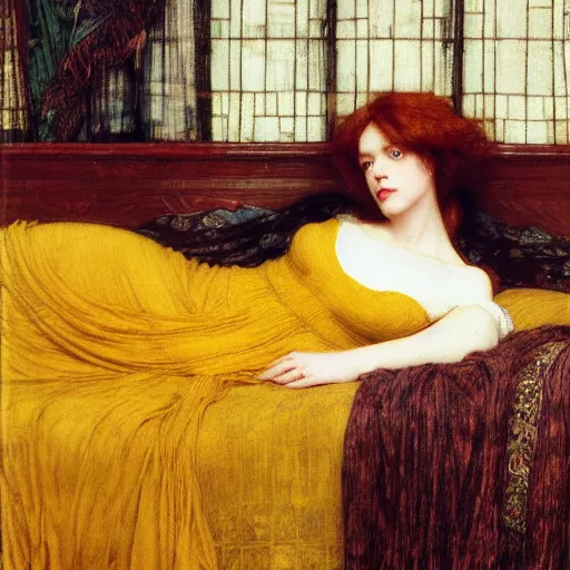 Image similar to preraphaelite photography reclining on bed, a hybrid of judy garland and ada lovelace, aged 2 5, big brown fringe, yellow ochre ornate medieval dress, john william waterhouse, kilian eng, rosetti, john everett millais, william holman hunt, william morris, 4 k