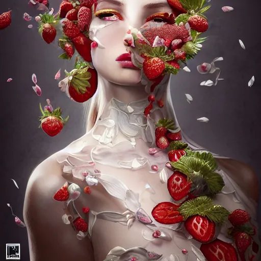 Image similar to the professional photoshoot of an absurdly beautiful, graceful, elegant, sophisticated, fashionable young model made of strawberries and white petals, an ultrafine hyperdetailed illustration by kim jung gi, irakli nadar, intricate linework, bright colors, octopath traveler, final fantasy, unreal engine 5 highly rendered, global illumination, radiant light, detailed and intricate environment