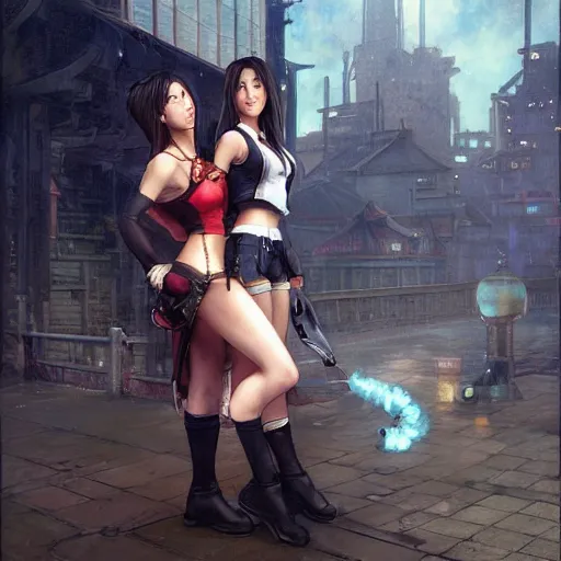 Prompt: a painting of tifa lockhart and aerith gainsborough from final fantasy 7, dressed up as in the final fantasy remake, the midgard steam punk city as backdrop, by greg rutkowski, artgerm, wlop, ruan jia, krenz cushart, alphonse mucha, rain, unreal engine 5