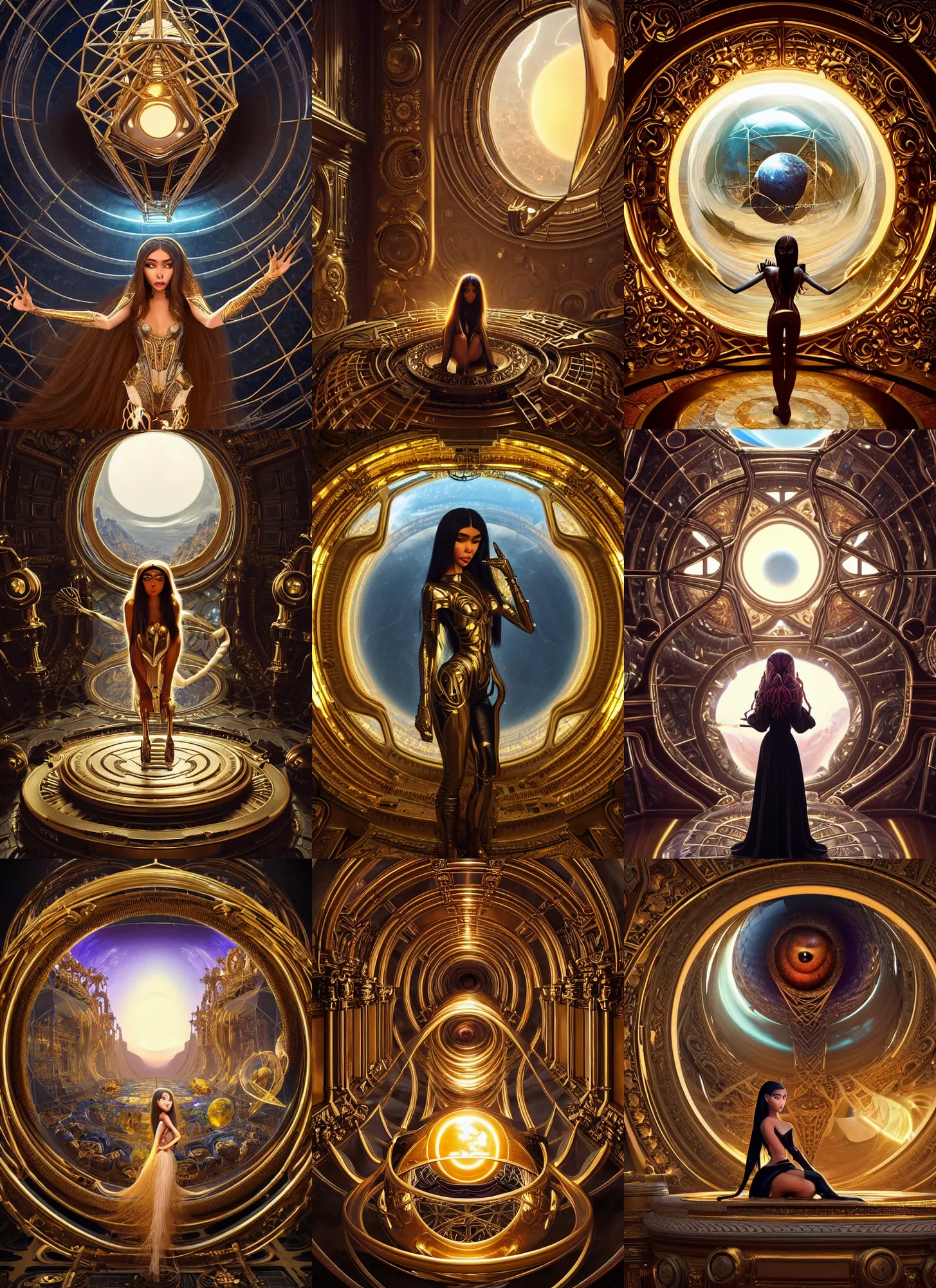 Prompt: polished decadent ornate masterpiece : : madison beer / wolf / cyborg / geodesic vortex : : weta disney pixar movie still photo : : hi - fructose, sci fi, fantasy, highly - detailed digital painting, golden ratio, accent lighting, octane render, artstation, smooth, sharp focus, beeple, rutkowski, mucha