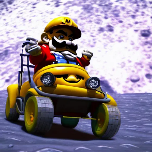 Prompt: wide angle photograph of wario driving a golf cart on the moon, realistic, 4 k, cinematic lighting,