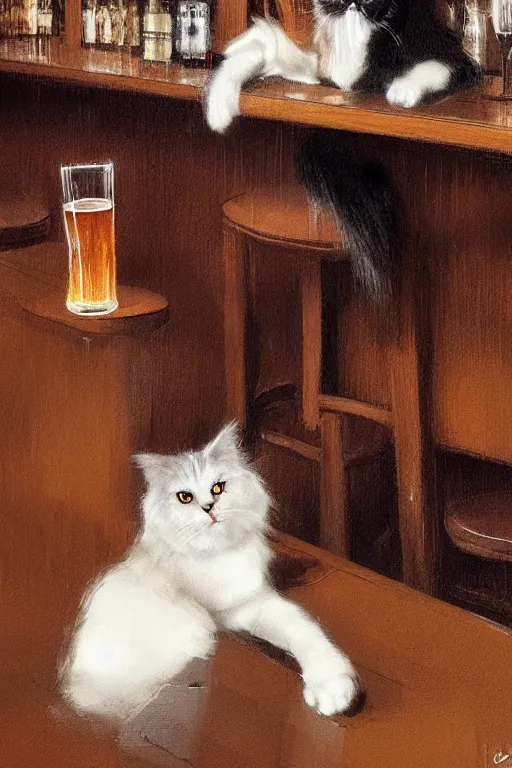 Image similar to of a british longhair cat sitting at the bar next to a beer, by greg rutkowski