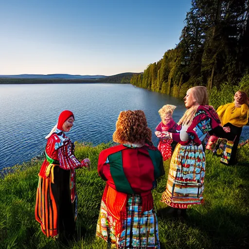 Image similar to ”An election poster for the Swedish Green Party showing a view of Lake Siljan and people in folk costumes in the foreground, golden hour, sigma 55”