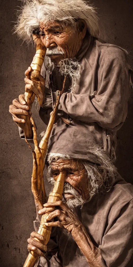 Prompt: Bolivian old man playing a quena wind instrument, unreal 5, hyper realistic, realistic, photo realistic, dynamic lighting, highly detailed, cinematic landscape, studio landscape, studio lighting