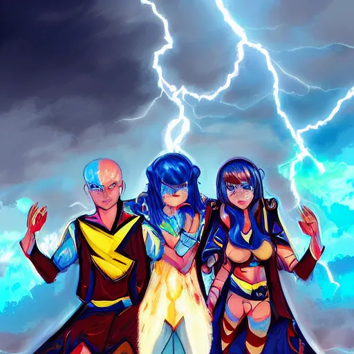 Image similar to 3 personas on their knees with their hands above their heads looking at a sky full of thunder bolts, digital art, artstation