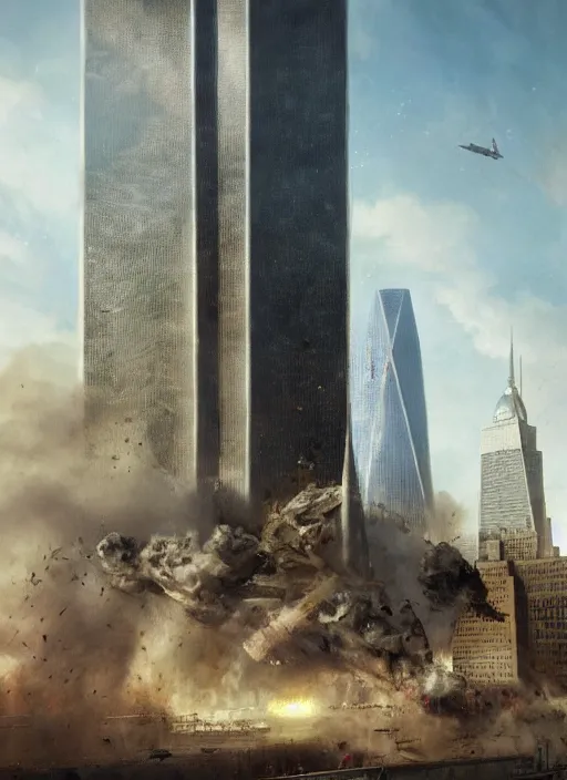 Image similar to hyper realistic 9 / 1 1 terrir attacks, atmospheric beautiful details, strong composition painted by kim jung giu weta studio rutkowski, james gurney and greg rutkowski, and lucasfilm