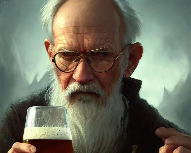 Prompt: detailed vision of an old man frowning as he drinks a beer, deep focus, d & d, fantasy, intricate, elegant, highly detailed, digital painting, artstation, concept art, matte, sharp focus, illustration, hearthstone, art by artgerm and greg rutkowski and alphonse mucha