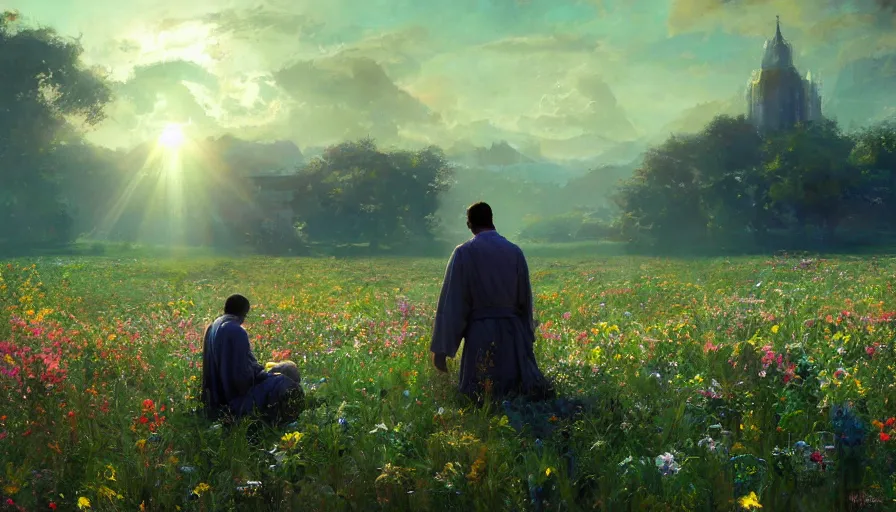 Image similar to craig mullins a man in robes kneels and prays in a field of flowers, the sun's holy light shines down upon him, colorful, solarpunk, unreal engine, hyper realism, realistic shading, cinematic composition, realistic render, octane render, detailed textures, photorealistic, wide shot