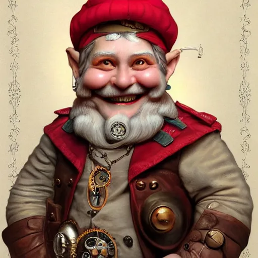 Prompt: 1800's vintage portrait of a grinning steampunk male gnome with big red nose, highly detailed, digital painting, art by Stanley Lau and Artgerm and magali villeneuve and Alphonse Mucha, artstation, octane render, cgsociety